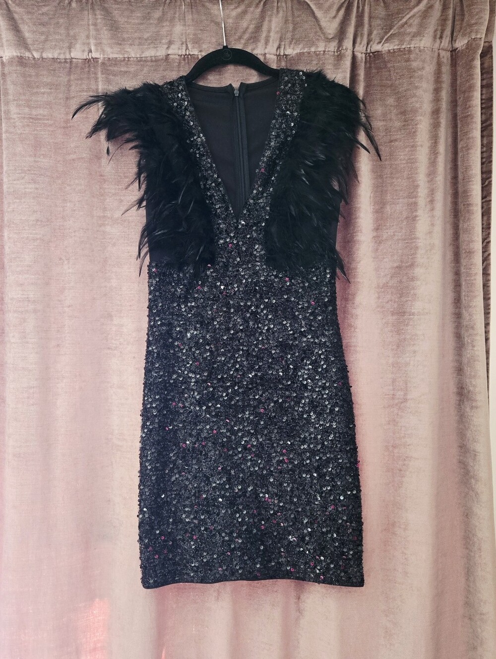 SHEIN BAE Fuzzy Trim Sequin Zip Back Bodycon Dress, Little Black Dress